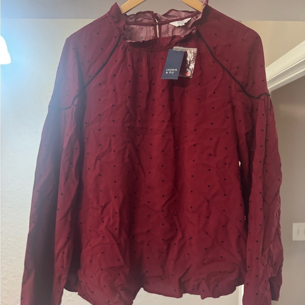 Crown and Ivy Maroon Blouse with Black Dots NWT